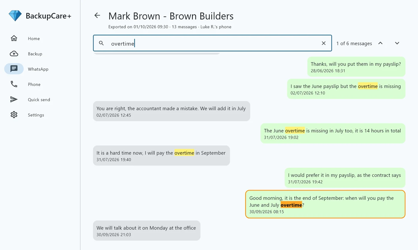 A WhatsApp chat opened on the PC with the Pro License: the searched word is highlighted in every message