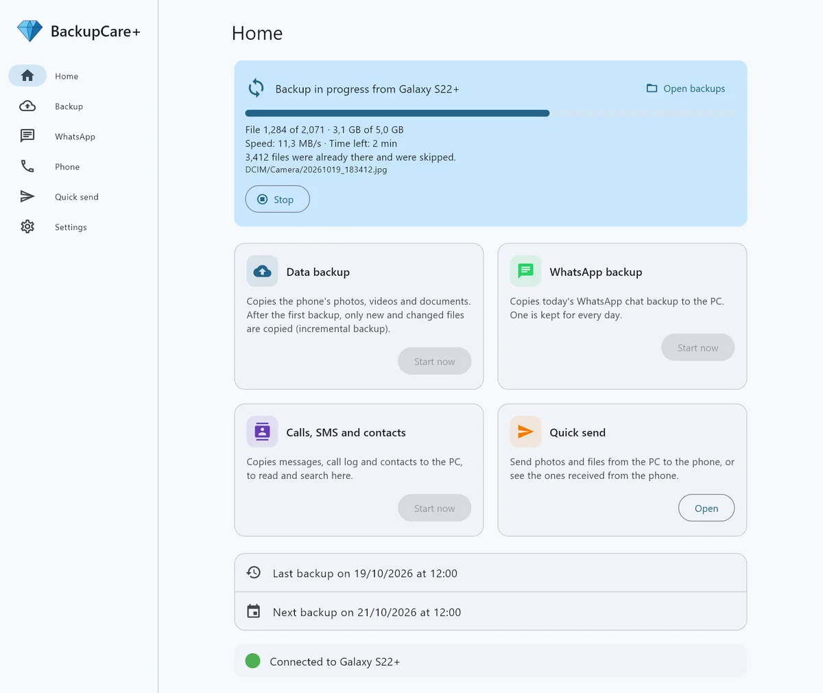 The BackupCare+ Windows program during a backup: progress bar, speed and estimated time