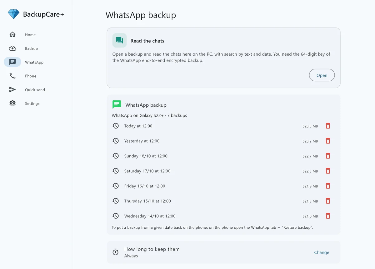 The list of WhatsApp backups saved on the PC, one for every day, with date and size