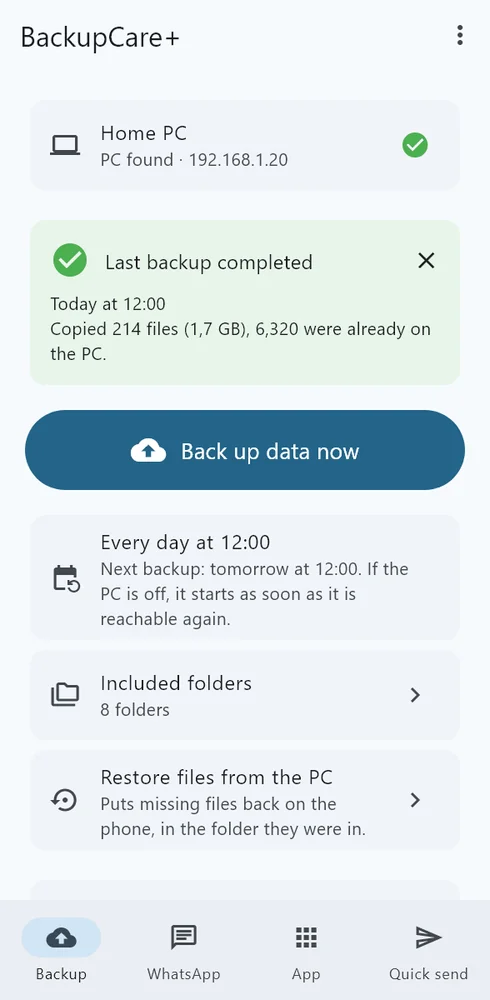 The BackupCare+ app on the phone: last successful backup and next automatic backup
